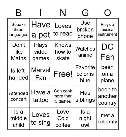 "Get to Know You" Bingo Card