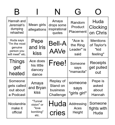 Love Island S7 Reunion Bingo Card