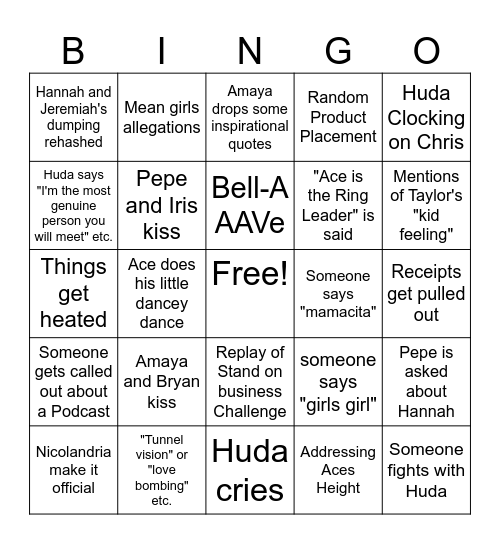 Love Island S7 Reunion Bingo Card