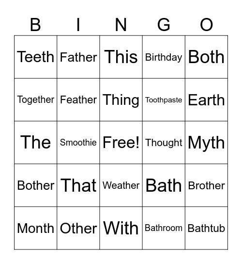 My /th/ bingo Card