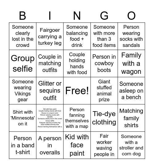 State fair Bingo Card