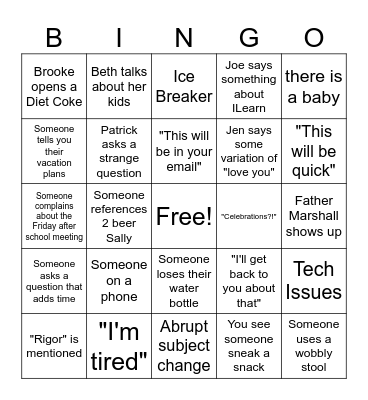 Staff Meeting Bingo Card