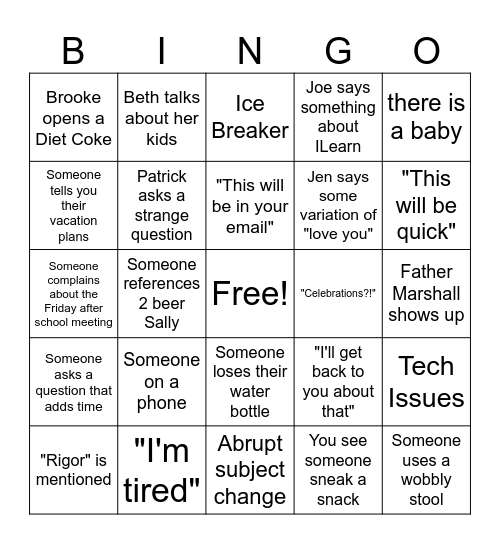 Staff Meeting Bingo Card