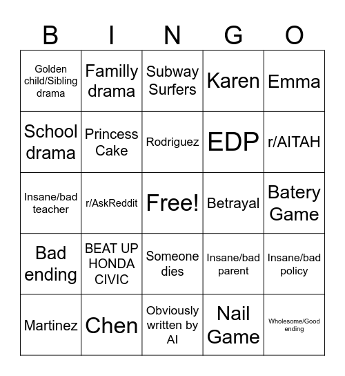 Reddit Stories Bingo 2 Bingo Card