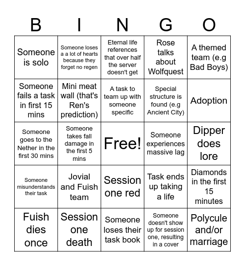 Mystery Life Session One Bingo Card