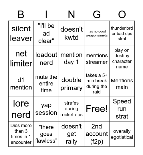 Destiny 2 Lfg Bingo Card