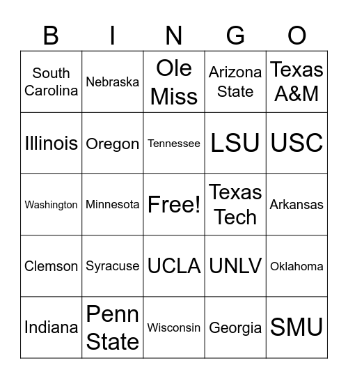 College Football BINGO Card