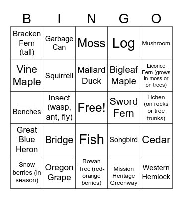 Nature Bingo Card