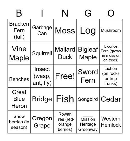 Nature Bingo Card