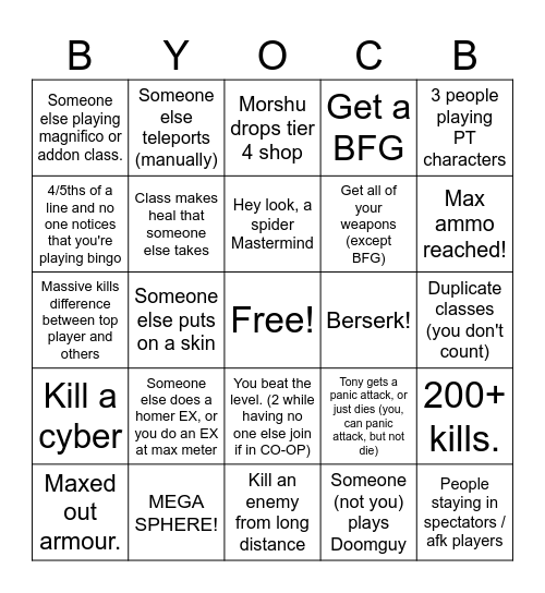 Bring your own class Bingo Card