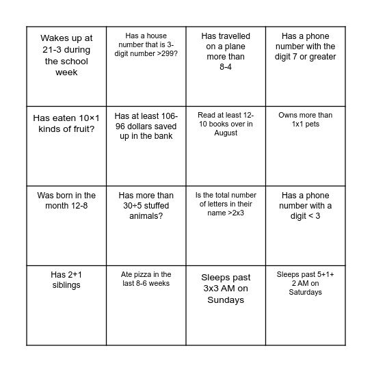People BINGO: Math Style Bingo Card