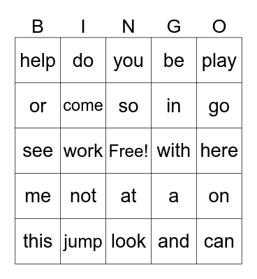 Pre-K Sight Words Bingo Card