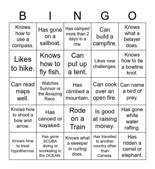 Adventure Bingo Card