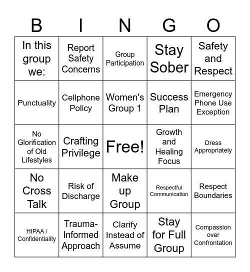 Group Expectations/Rules Bingo Card