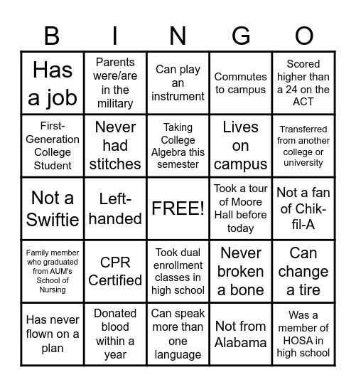 Pre-Nursing Bingo Card