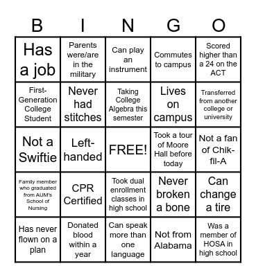 Pre-Nursing Bingo Card