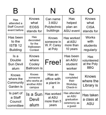 Poly Staff Council BINGO Card