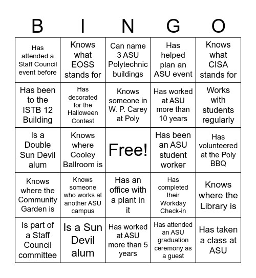 Poly Staff Council BINGO Card