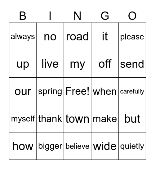 Sight Words Bingo Card