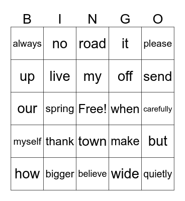 Sight Words 1st & 2nd Grade Bingo Card