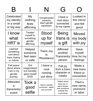 Trans Joy Bingo Card