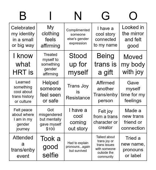 Trans Joy Bingo Card
