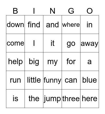 PK Sight Word Bingo Card