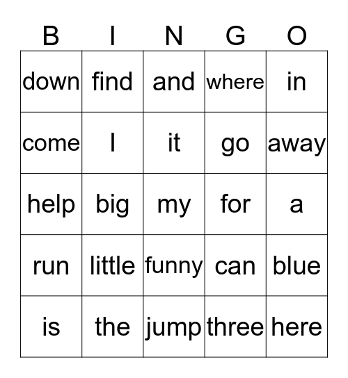 PK Sight Word Bingo Card