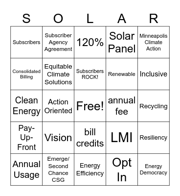 MCA Community Solar Bingo Card
