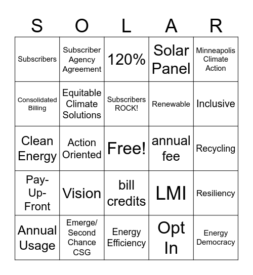 MCA Community Solar Bingo Card