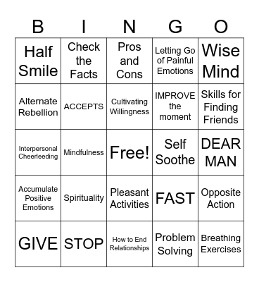 DBT Skills Bingo Card