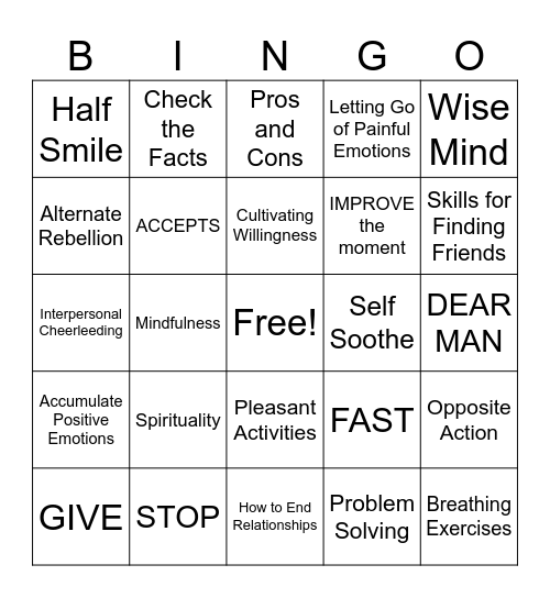 DBT Skills Bingo Card