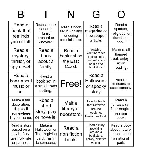 Autumn Reading Bingo Card