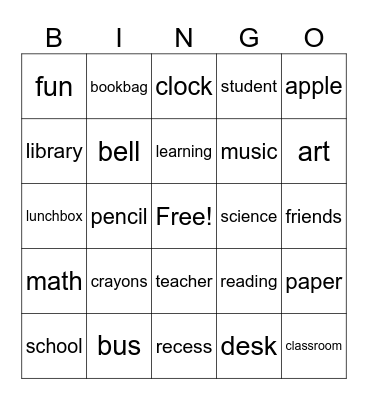 Back to School Bingo Card