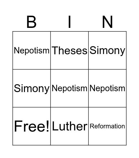 Reformation Bingo Card