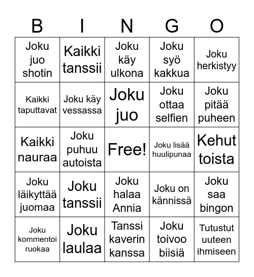 Synttäribingo Anni 20v Bingo Card