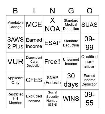 CalFresh Bingo Card