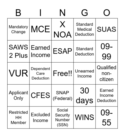 CalFresh Bingo Card