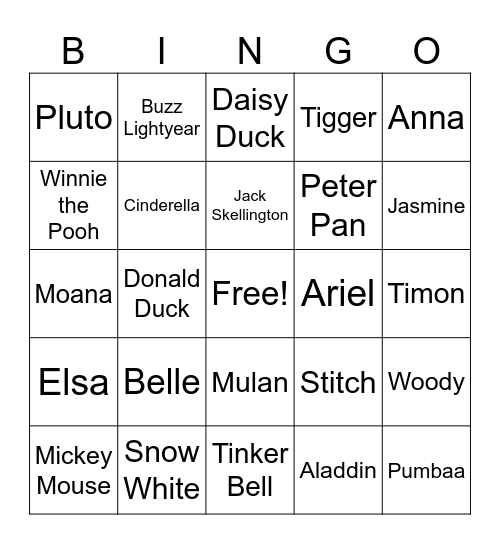 Disney Characters Bingo Card