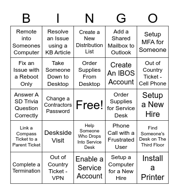 Service Desk Bingo! Bingo Card