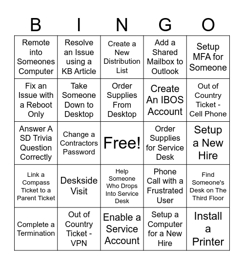 Service Desk Bingo! Bingo Card