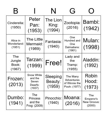 Disney Movies Bingo Card