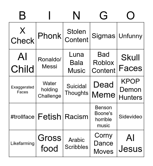 Youtube Shorts Bingo Card