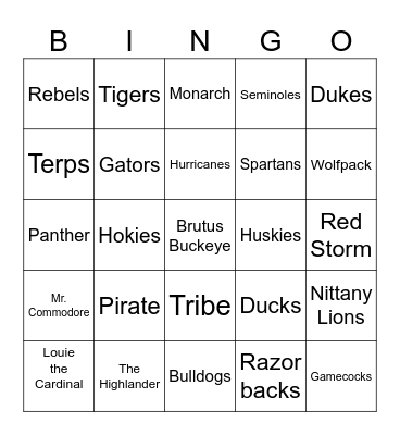College Football Mascots Bingo Card
