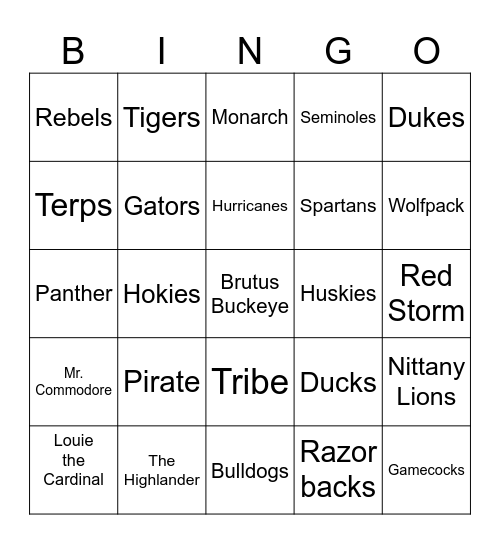 College Football Mascots Bingo Card
