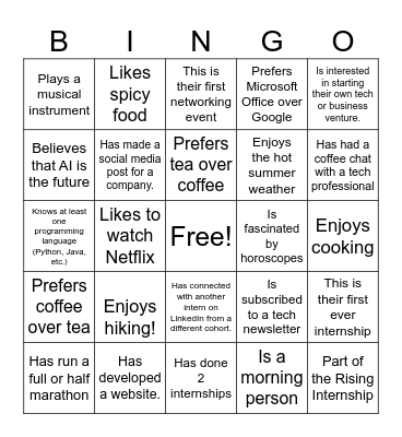 Intern Retreat Speed Networking Bingo Card