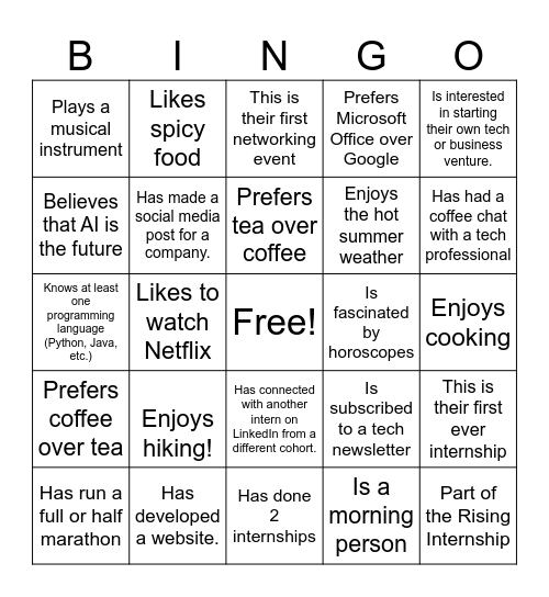 Intern Retreat Speed Networking Bingo Card
