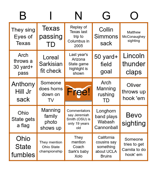 Texas Longhorns vs Ohio State Bingo Card