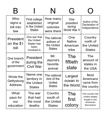 United States History Bingo Card