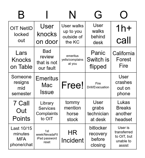 OIT BINGO Card